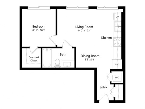 Floor plan for 1 bed, 1 bath, 542 sqft